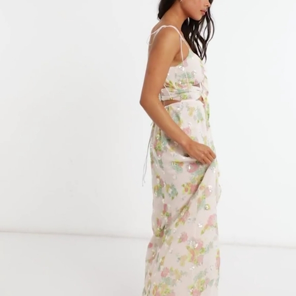 FOR LOVE AND LEMONS LOUISA DOUBLE TIE FRONT FLORAL SEQUIN MAXI DRESS SIZE LARGE - Picture 11 of 16